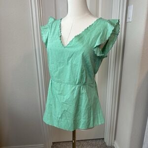 J Crew 100% Cotton Blouse Green Swiss Dot‎ Scalloped Ruffle Casual Top Sz 2 NWT